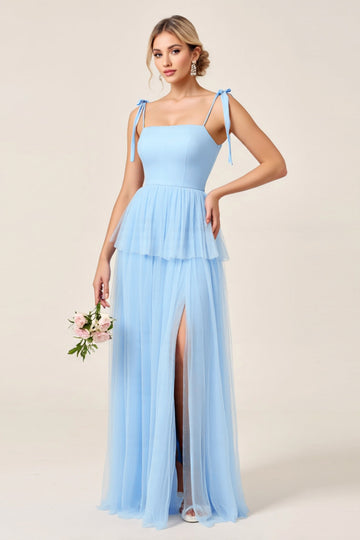 Sky Blue Tulle A Line Long Bridesmaid Dress with Slit